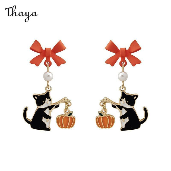 Thaya Halloween Jack-O-Lantern Cat Earrings