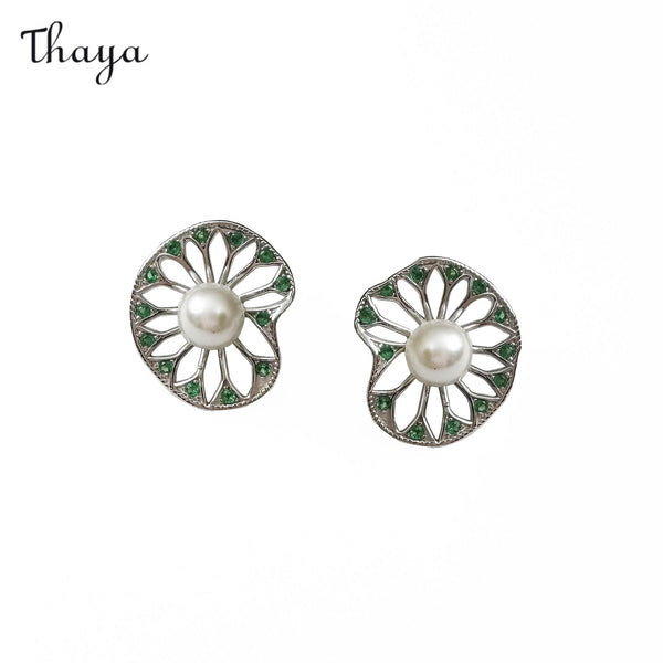 Thaya 925 Silver Green Lotus Leaf Pearl Earrings