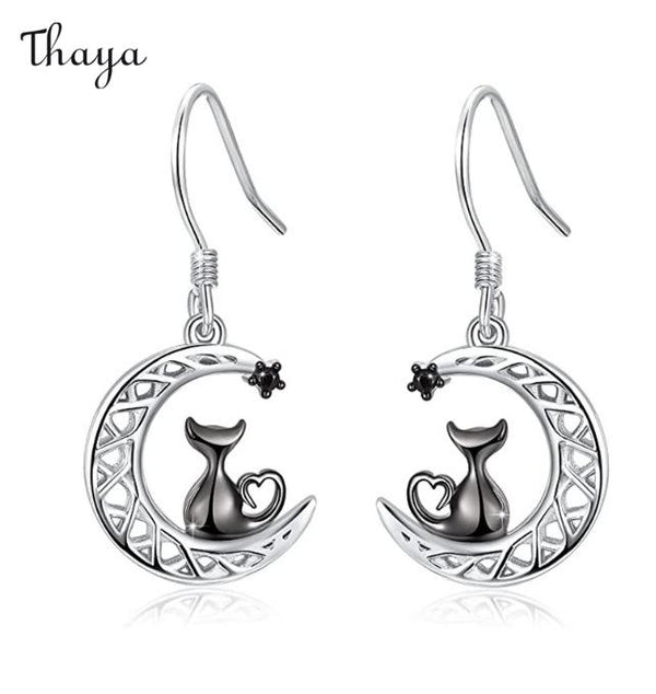 Thaya Charming Black Cat Moon Earrings