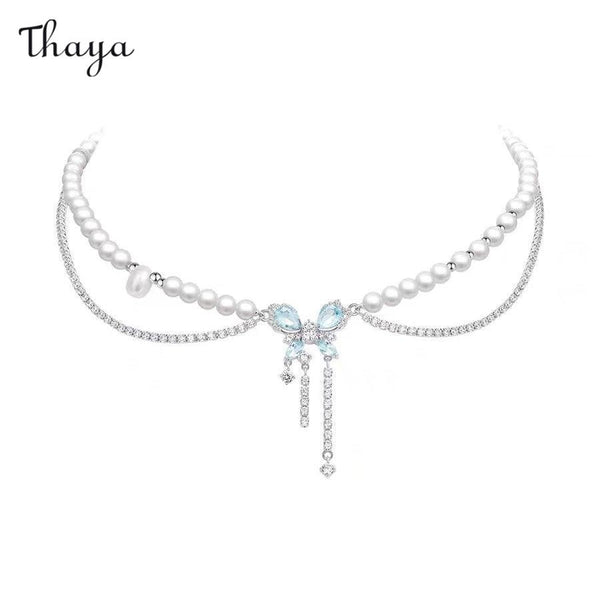 Thaya 925 Silver Butterfly Pearl Double Layer Necklace