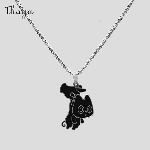 Thaya Cute Little Black Cat Making Mistakes Necklace