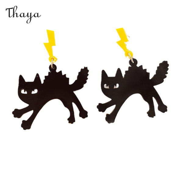 Thaya Black Lightning Cat Earrings
